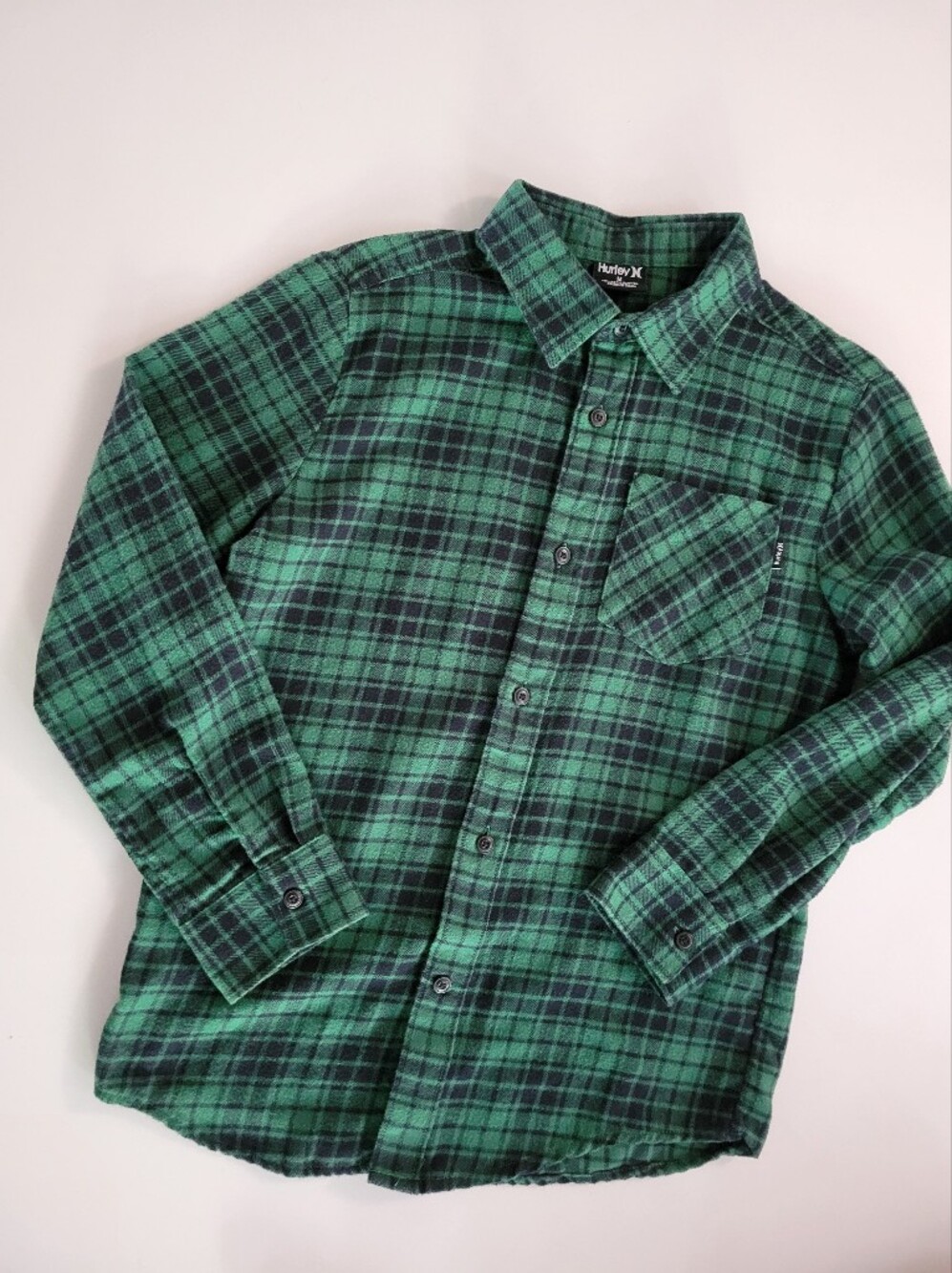 Hurley Green and Black Plaid Boy's Button-Up Flannel Shirt